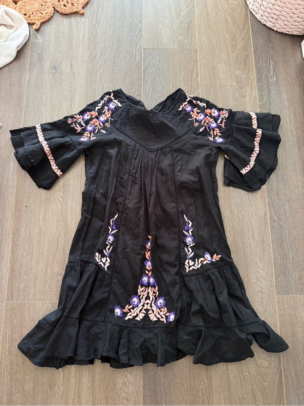Free People Black Embroidered Boho Dress with Purple & Blush Accents